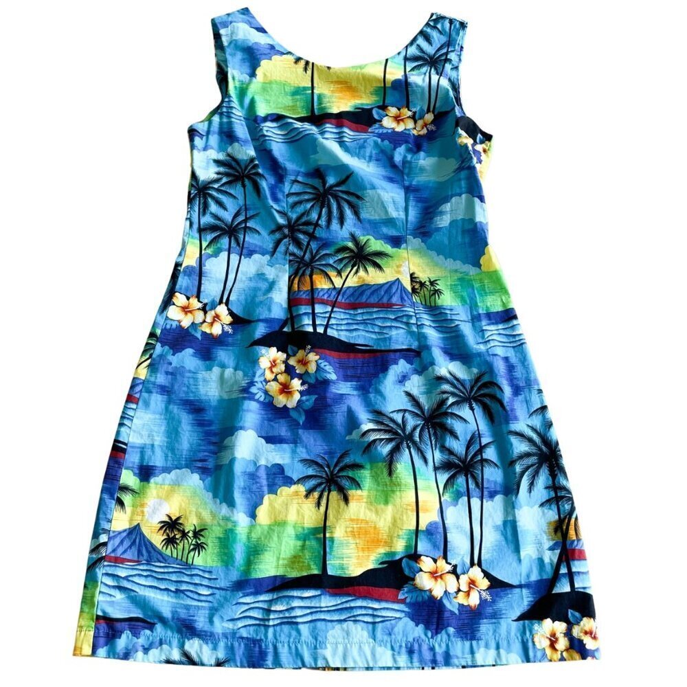 Aloha Republic Made in Hawaii U.S.A. Hawaiian 100% Cotton Blue‎ Palm Trees Dress